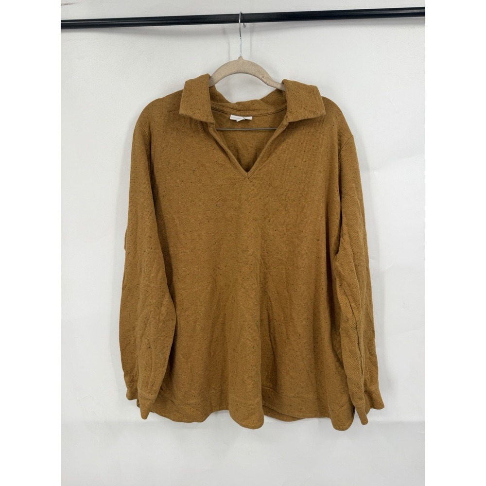 Pure Jill Tigers Eye Collared V Neck Sweater Women XL Mustard Cotton Granolagirl